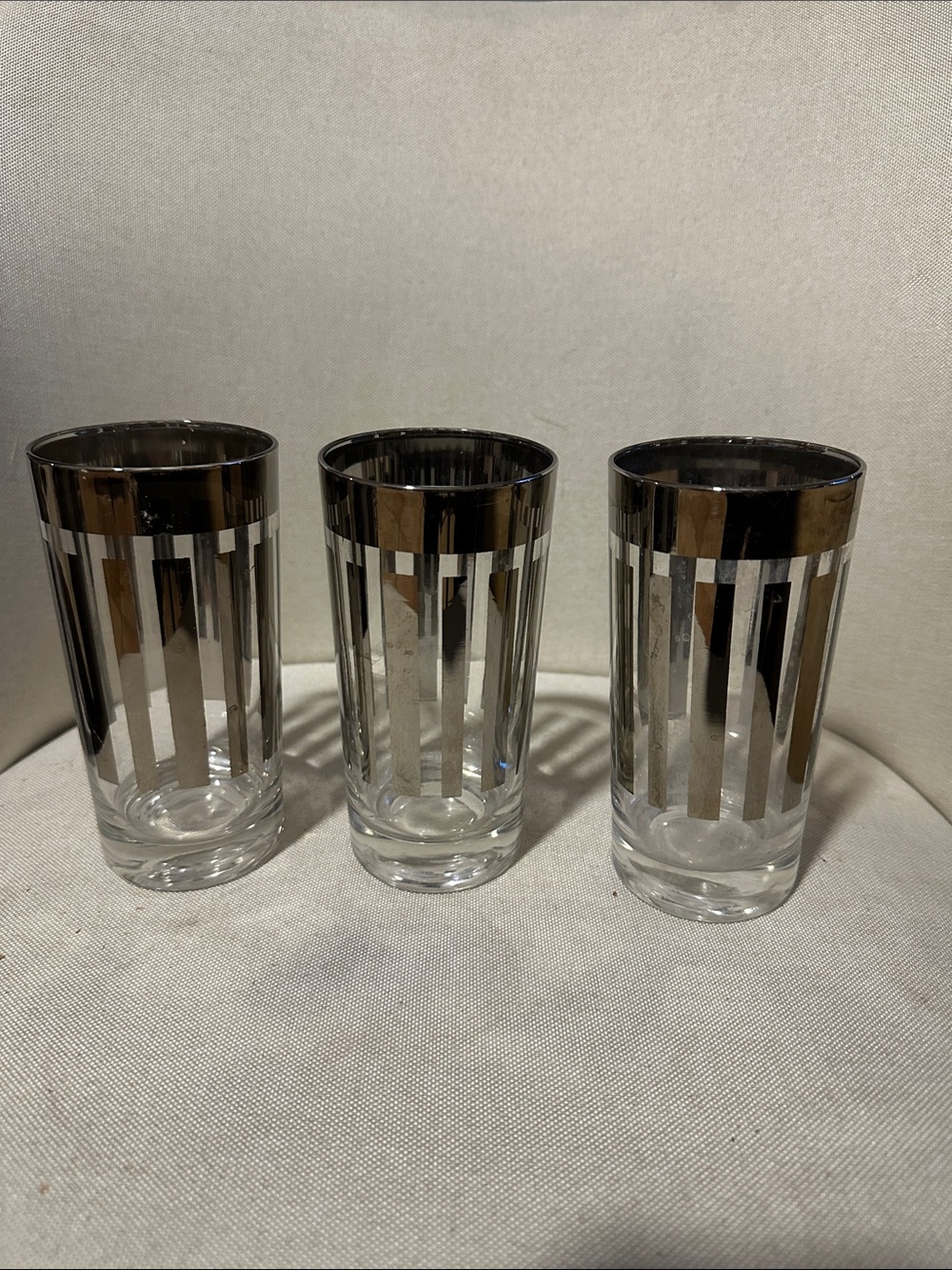 Set of 3 Vintage Silver-Trim Tall Drinking Glasses - used